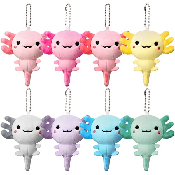 Poen 8 Pcs Axolotl Keychain Plush Toys Valentine's Day Gifts for Kids 4inch Stuffed Animal Mini Kawaii Cute Plushie Doll Ornament School Classroom Gift Exchange Party Favors Supplies(Classic)