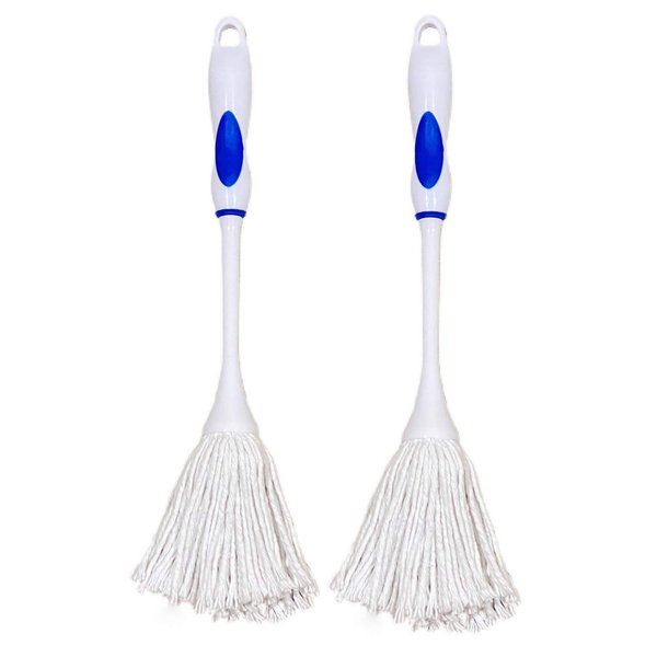 ALAZCO 2 Dish Mop BBQ Basting Grilling Apply Barbeque Sauce Marinade Glazing – Cleaning Soft Brush Wash Bottles Decanter Wine Glass Coffee Pot Full Cotton Fiber Head Non-Slip Handle 15’’ Long