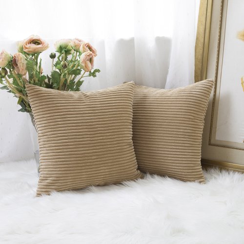 Home Brilliant 18x18 Throw Pillow Covers Decorative Set of 2 Soft Velvet Corduroy Striped Square Cushion Cover for Bench Couch Decor, 18 x 18 inch, Taupe