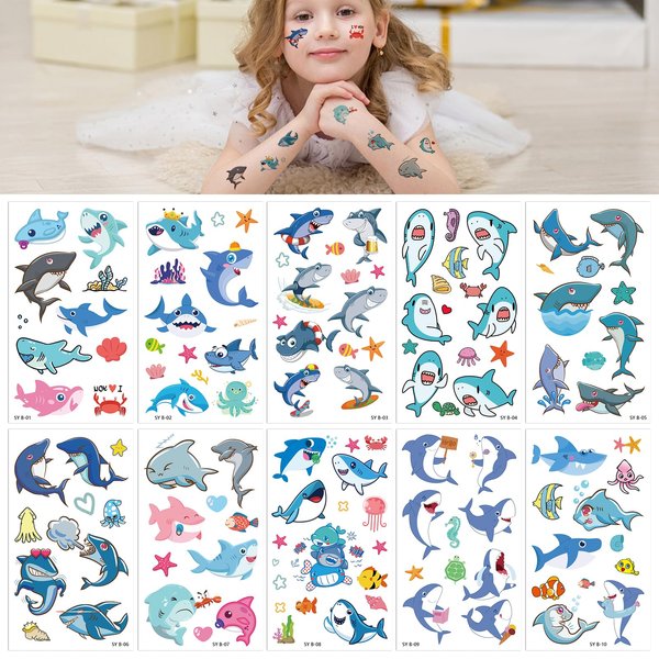 Baby Shark Temporary Tattoos Sticker 10 sheets Cute Sea Shark Tattoo Stickers for Party Supplies, Waterproof Tattoos