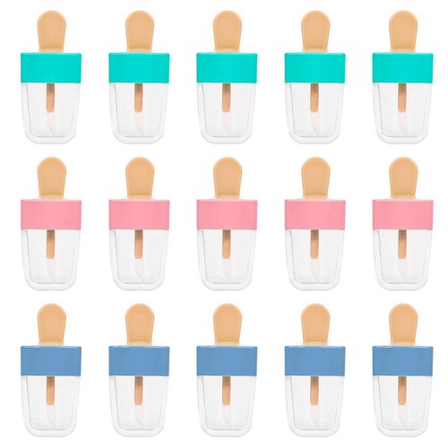 JOLLYSTYLE 15PCS Lip Gloss Tubes - Pink Green Blue Ice Cream Shape Lip Gloss Containers Empty - Refillable Clear Lipgloss/Lip Balm Containers for Girls Women DIY Cosmetics