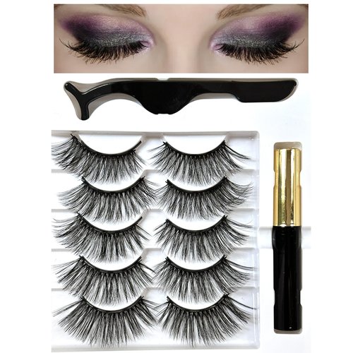 Fayeerewo Magnetic Eyelashes with Eyeliner, False Eyelashes 18mm, Wispy Mink Lashes Fluffy Eye Lashes Cat-Eye Look, Contact Lens Friendly, Reusable Strip Lashes, 5 Pairs
