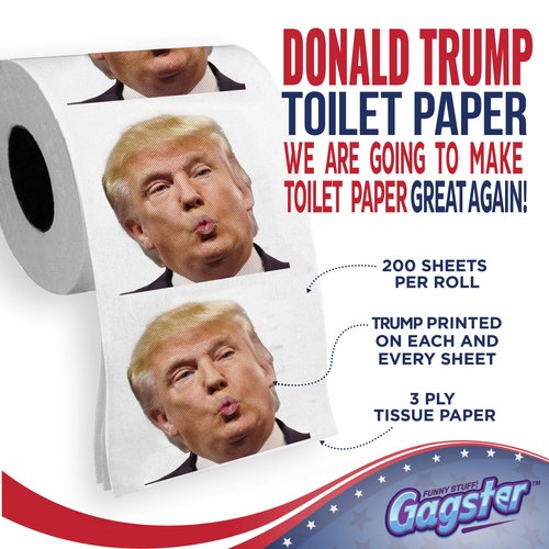 Trump Political Toilet Paper Roll by Gagster - 3 Ply Funny Novelty Gag TP with Full-Color Image - 200 Sheets Per Roll - Prank Gift for Adults - Printed on Every Sheet - Make Your Butt Laugh