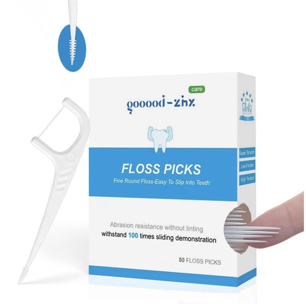 Floss Picks and Interdental Brushes 2 in 1, One End is 0.05mm Soft Floss Sticks, The Other End is Floss Brush, Used as Toothpick, Very Smart Floss Sticks Holder Box Design for Travel Floss (50)