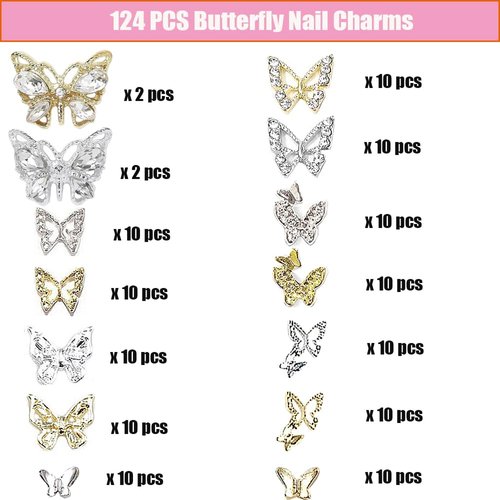 Butterfly Nail Charms,124 PCS Butterfly Charms for Nail Silver Butterfly Charms Gold Butterfly Nail Charms Butterflies Nail Rhinestones Gems Charms for Women Nail Art Design
