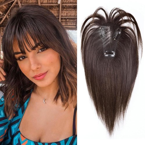 ISTGIFT Hair Toppers for Women Real Human Hair, Bangs Hair Clip 360° 3D Cover French Fake Clip in Bangs Hair Extensions, Hair Topper Hair Pieces for Women Daily (Dark Brown)