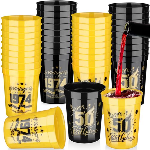 Shojoy 40 Pack Happy 50 Birthday Party Cups Black and Gold Birthday Stadium Cups 8 Ounces Reusable Plastic Tumblers for Birthday Anniversary Party Supplies Decors