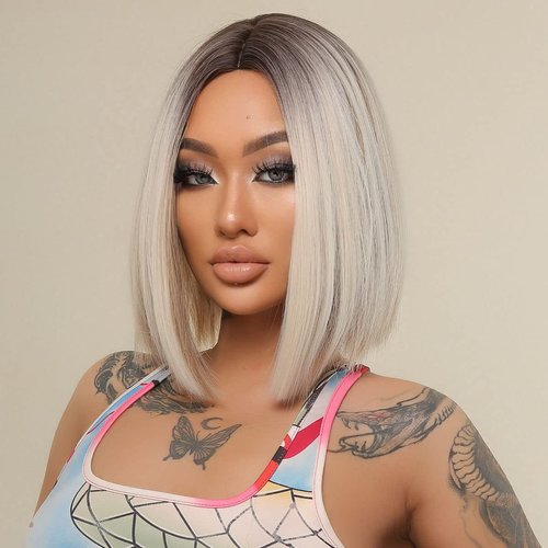 BERON 12 Inches Blonde Wig Short Straight Wig Ombre Blonde Bob Wig Middle Part Wig Blonde Bob Wigs Wig Cap Included