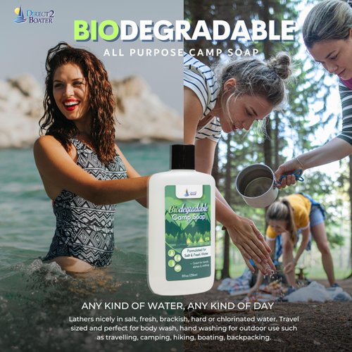 Direct 2 Boater Biodegradable Travel Camp Soap 8 Ounce Portable Backpacking Soap with No Dies or Fragrances - Camp Clothe Cleaner - Camping Cookware Soap
