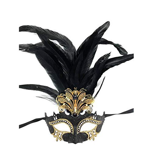Classic Vintage Venetian Grand Swan Mask Design Laser Cut Masquerade Mask for Mardi Gras Events or Halloween - Black w/ Decorative Feathers