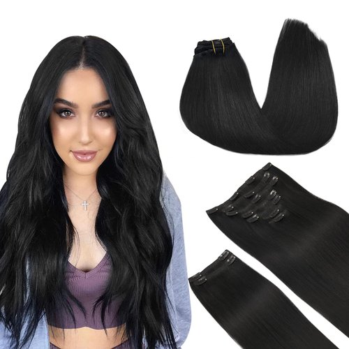 DOORES Hair Extensions Real Human Hair, Jet Black 150g 9pcs 18 Inch, Clip in Hair Extensions Real Human Hair Extensions Human Hair Natural Extensions for Women Clip in Straight Thick Hair Extensions