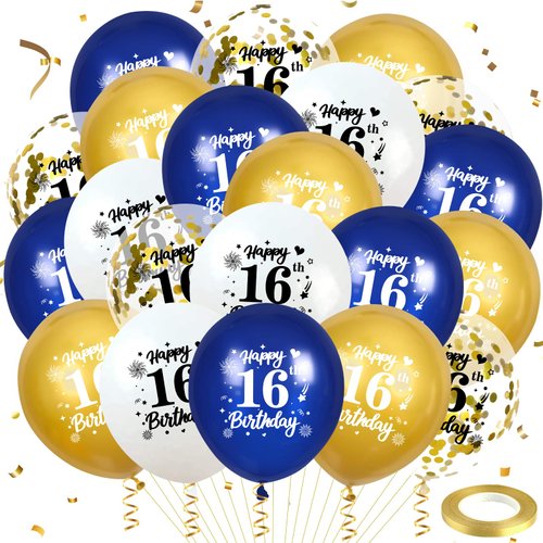 Blue Gold 16th Birthday Balloons 24Pcs Navy Blue White Gold Happy 16th Birthday Latex Balloons Blue Gold 16th Birthday Party Decorations for Boys Men 16th Birthday Anniversary Party Supplies 12Inch