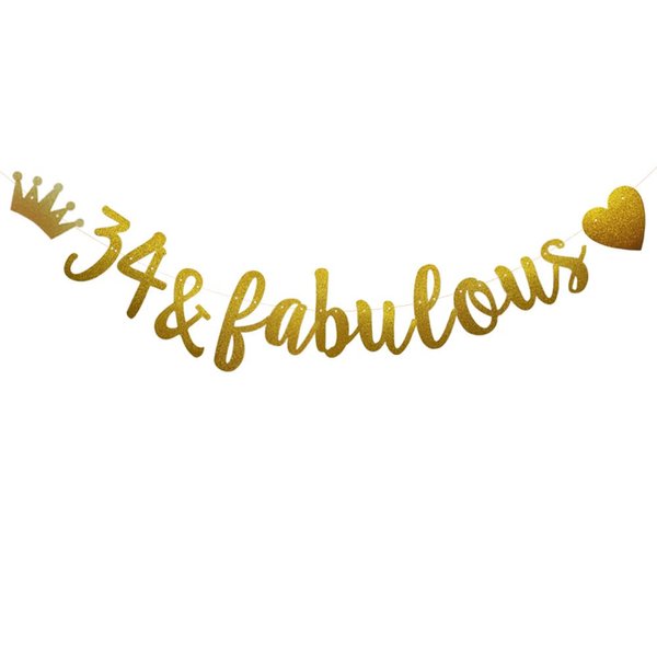 34 & Fabulous Banner, Pre-Strung, Funny Gold Paper Glitter Party Decorations for 34th Birthday Party Supplies, Letters Gold,ABCpartyland