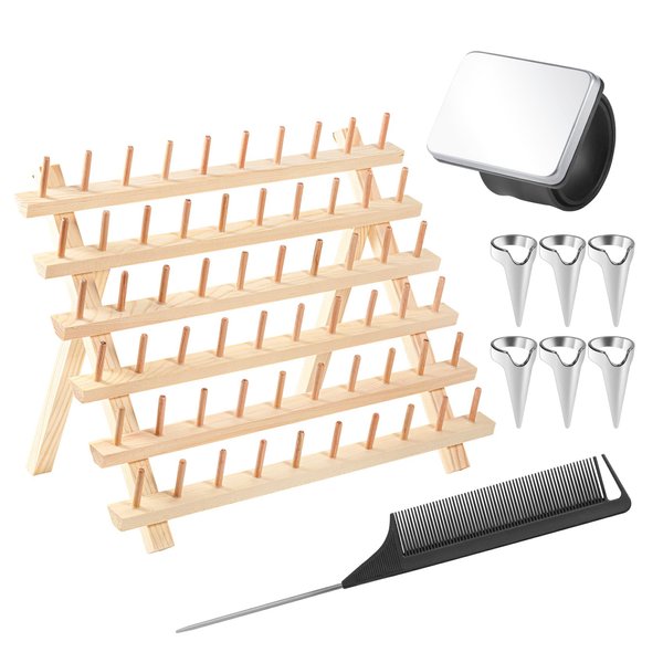 Kailund Wooden Braiding Hair Rack, 60 Pegs Foldable Hair Rack for Braiding Hair, Wall-Mountable Braid Hair Holder Stand with 6 Hair Parting Ring,1 Rat Tail Comb and 1 Magnetic Sewing Pincushion