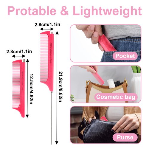 2Pcs Retractable Rat Tail Comb for Parting,Protable Fine Tooth Teasing Comb for Styling,Long Steel Pin Rat Tail Comb for Women Girls Hair Styling(Pink+White)