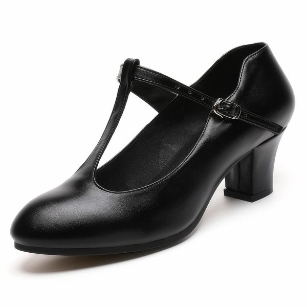 Women's Character Shoes Non-Slip Latin Salsa Ballroom Dance Heels T-Strap Wedding Pumps (5.5 / Black)