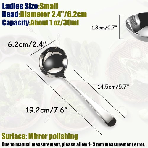 Wenkoni Small Soup Ladles,Sauce ladles,Gravy Soup Spoon Ladles,2 Pack SUS 304 Non-magnetic Stainless Steel 7.6" Round Ladles (Color:Silver).