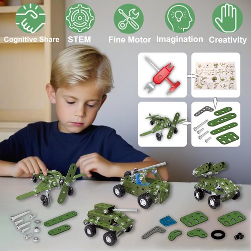 4 in 1 Metal Military Truck STEM Building Projects Metal Army Toys Model Car Kits Set for Boys Age 8-12 Assembly Engineering STEM Kits or Kids 6-8 Engineering Gifts Toys for Ages 14 and Up Adults