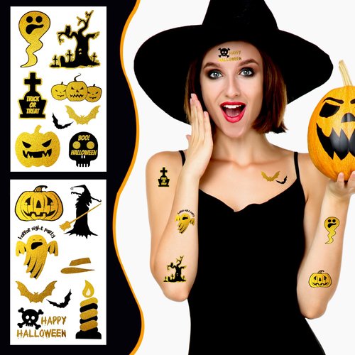 Konsait 72 Pcs Halloween Temporary Tattoos, Metallic Gold Temporary Tattoos Halloween Goodie Bag Stuffers Body Makeup Fake Tattoos Non Candy Halloween Treats