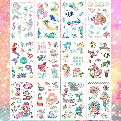 Ooopsiun Luminous Mermaid Temporary Tattoos for Girls - 12 Sheets Glow in The Dark Mermaid Stickers Party Favors Decorations for Kids Girls