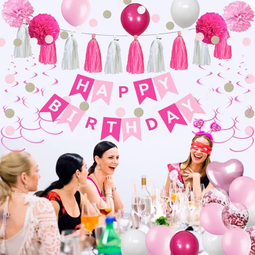Sweet 21st Birthday Decorations for Women, Pink and White 21 Happy Birthday Balloons，21st Birthday Party Supplies for Her Girlfriend Wife Including Pink Happy Birthday Banner, Hot Pink Number 21 Foil