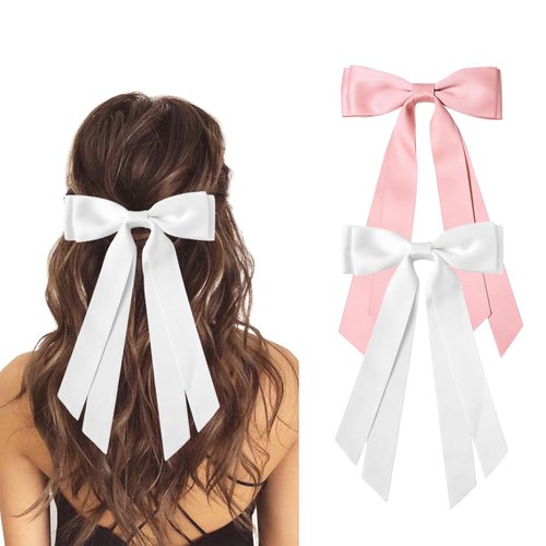 Satin Hair Bows for Women - 2Pcs Pink and White Silky Hair Bows Clips with Long Tail Ponytail Holder Hair Accessories for Girls (Pink White)