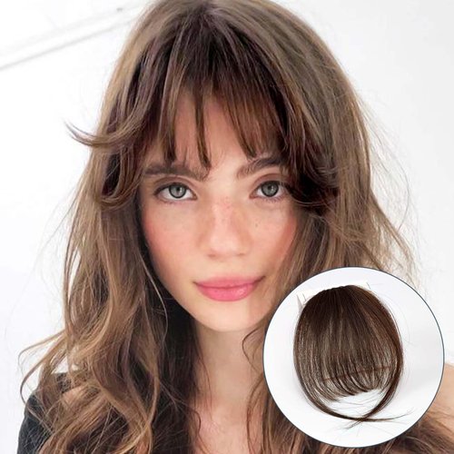 HAIRCUBE Bangs Hair Clip in bangs 100% Human Hair Extensions Ash Brown Wispy Bangs Clip on Bangs for Women Fringe with Temples Hairpieces Curved Bangs for Daily Wear 4.5g