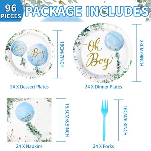 96 PCS Oh Boy Watercolor Blue Balloon Party Supplies Oh Boy Party Plates 350GSM Disposable Greenery Boy Baby Shower Tableware for Birthday Baby Shower Oh Boy Baby Shower Decorations, Serves 24