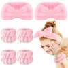 AMCAMI 6 PCS Spa Headband with Wristband Face Wash Set Makeup Headband and Wristband Towel for Washing Face Cosmetic Skincare Headband for Girls Microfiber Make up Headbands Wristbands (Solid pink)
