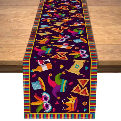 Vohado Happy Purim Table Runner Jewish Holiday Carnival Party Circus Clown Table Cover Hamantaschen Hat Masque Gragger Tablecloth Linen for Indoor Outdoor Birthday Holiday Party Table Decor