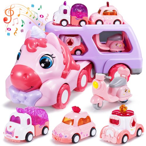 WethCorp Toys for 1 2 3 Year Old Girls, Gifts for 1 2 Year Old Girls 5 in 1 Girl Cars for Toddlers 1-3 Unicorn Toy Little Girl Toys Age 2-3 Birthday Gifts for Kids Pink Truck