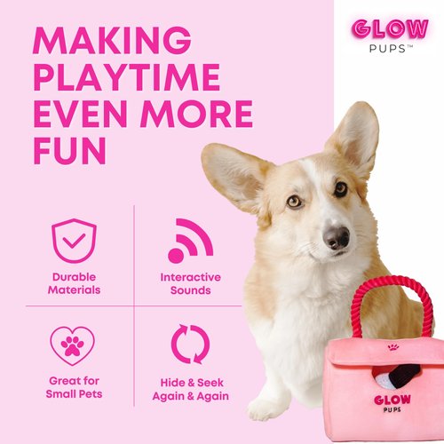 Glow Pups Hide and Seek Dog Toy Set, Pink Purse with Plush Toys, Squeakers, Crinkle Material, Rope Handle, for Small Dogs (Pink Purse Dog Toy with Lipstick, Cell Phone and Nail Polish Toys)