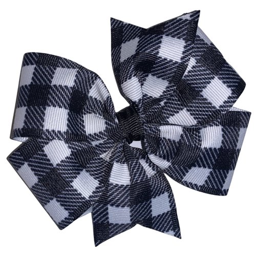 White &amp; Black Buffalo Check Pinwheel Hair Bow 4&quot; Plaid