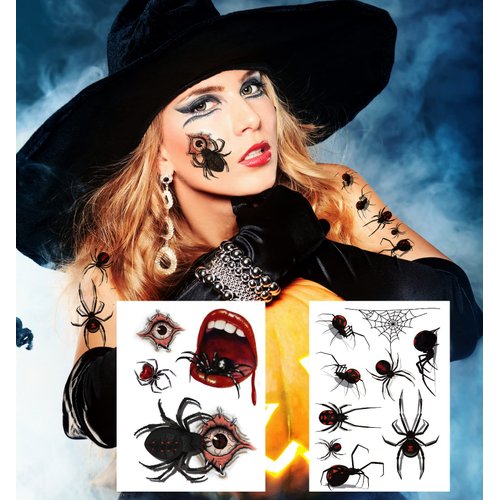 Kotbs 12 Sheets Spider Face Tattoos, Halloween Temporary Spider Decals for Kids and Adults - Realistic Halloween Makeup Stickers for Witch Costume and Party Favors