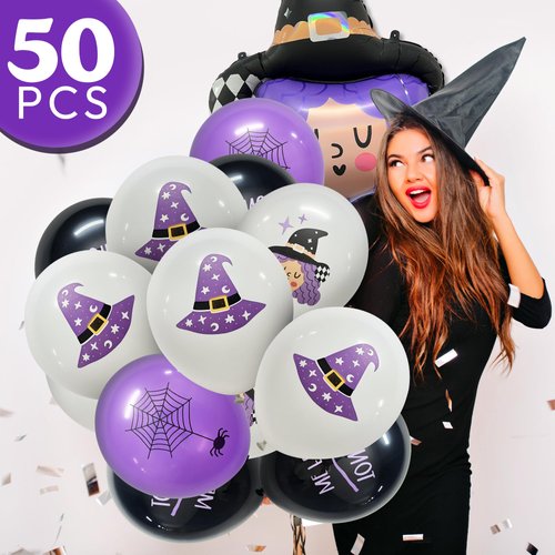 HOUSE OF PARTY Halloween Witch Foil Balloon - 50PCS Black White Purple Witch, Hat, Spider Web Latex Balloons for Kids Birthday Party Decorations, School Classroom Games, Kids' HandOut