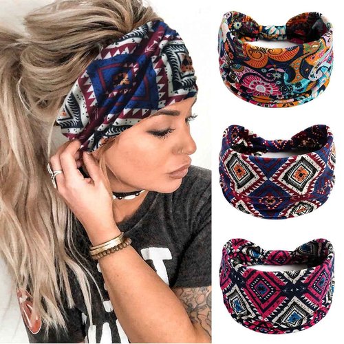 Sepniell Boho Headbands Leopard Turban Bandeau Headband Wide Knot Hair Scarf Stretch Stripe Fabric Head Wrap Floral Print Hair Bands Elastic Head Bands for Women and Girls Pack of 3 (J Vintage)
