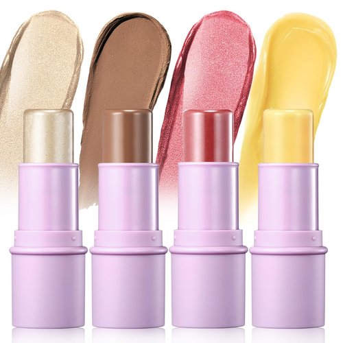 LUXAZA 4Pcs Cream Blush Contour Highlighter Bronzer Moisturizer Stick Makeup Set #T Blush Glow4