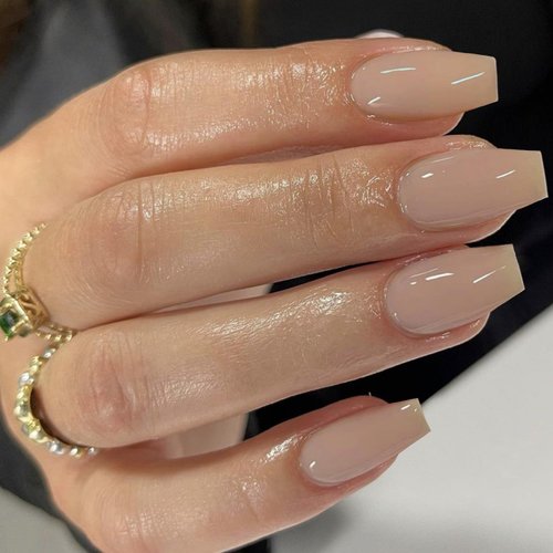Beige Press on Nails Medium Coffin Nails,Glue on Nails Medium Length,Fake Nails Square Nails Press on,Short Acrylic Nails False Nails,Static Nails Trapezoid Shaped,Gel Nails Stick on Nails in 24 PCS