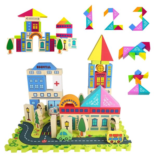 Pleykele City Street View Foam Building Blocks Set for 2-4 Years Old, Town Construction Soft Stacking Blocks with Alphabet Letters Puzzle Playmat, Educational Learning Gifts for Kids 18+ Months