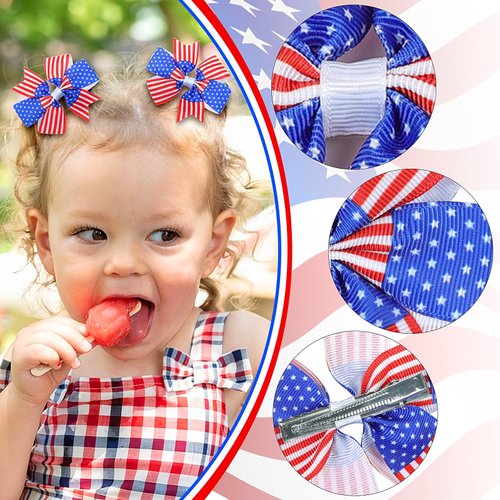 Doneace 4th of July Hair Bows Clips for Kids Girls American Flag Hair Bow Hair Clips Patriotic Stars and Stripes Hairpins Hand-Made Grosgrain Ribbon Hair Bows Alligator Clips for Independence Day 2Pcs