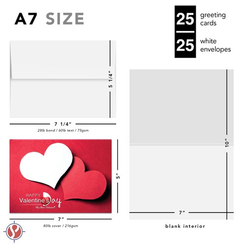 Happy Valentine’s Day Greeting Cards, Beautiful and Romantic Valentines Red and White Love Hearts Greetings for Husband, Wife, Boyfriend, Girlfriend | 5" x 7" | 25 Valentine Cards & 25 Envelopes