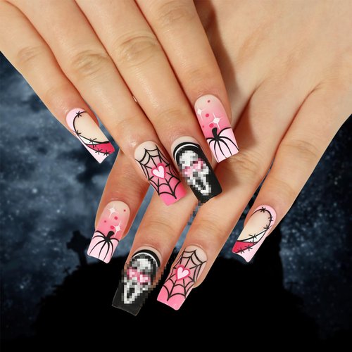 Halloween Press on Nails Square Medium Fake Nails Full Cover False Nails with Designs Heart Pumpkin Spider Web Skull Glue on Nails Gothic Stick on Nails Cute Artificial Nails for Women 24 Pcs