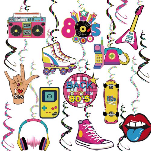80s Party Birthday Decorations Back to The 80 Hanging Swirls Ceiling Streamers Throwback Retro 80's Theme 1980s Backdrop Party Decor Supplies 30 Pcs