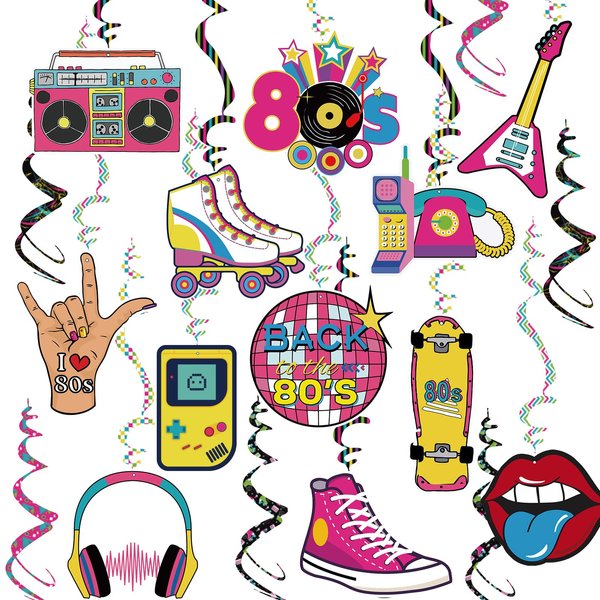 80s Party Birthday Decorations Back to The 80 Hanging Swirls Ceiling Streamers Throwback Retro 80's Theme 1980s Backdrop Party Decor Supplies 30 Pcs