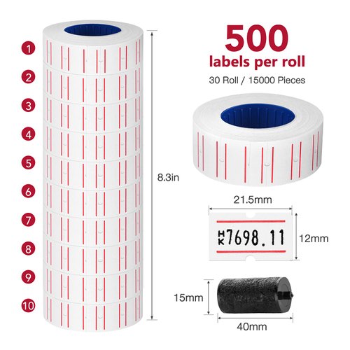 30 Rolls 15000pcs White Price Gun Labels for Mx-5500 Labeller White Pricemarker Stickers Plus 3 Piece Refill Ink Rolls
