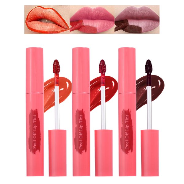 Peel Off Lip Tint Stain Set-3Pcs Tattoo Lip Liner Stain Lip Gloss with Matte Finish,Long Lasting Waterproof Nonstick Lipstain Tinted Lip Stain,Christmas Makeup Gift Set for Women Girl-01+03+05