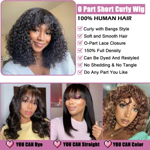 Short Curly Wig with Bangs Human Hair for Black Women 3x1 HD Lace Realistic Look Short Bob Wigs Wear and Go Glueless Wig Brazilian Virgin Human Hair Natural Color 10 inch
