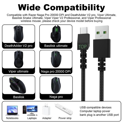 Tobysome Micro USB Wireless Mouse Charging Cable Cord, Compatible with Razer Deathadder V2 Pro/Naga Pro/Basilisk/Basilisk/Viper Ultimate Gaming Mouse, 5.9ft (Black)
