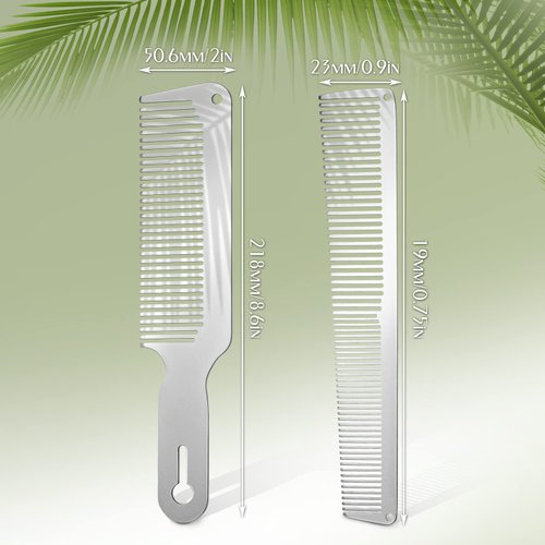 Patelai 2 Pieces Metal Comb Set, Stainless Steel Blending Comb Fine Styling Cutting Comb Flat Top Clipper Comb Metal Detangling Comb for Men Women Salon, Silver