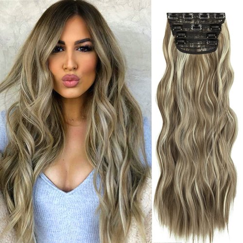 OMGREAT Clip In Extensions 4Pcs 20Inch Hair Extensions with Clips, Synthetic Wavy Hair Extensions, Clip-In Hairpiece, Blonde Mix Brown